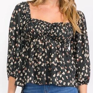 Floral Print WOMEN'S 3/4 SLEEVES SQUARE NECK HIGH-LOW LOOSE FIT FLORAL BLOUSE